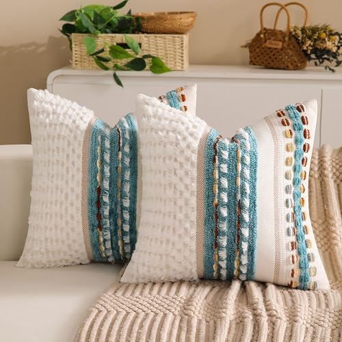 KOOLIFE Teal Boho Chenille Tufted 18x18 Inch Couch Throw Pillow Covers Set of 2