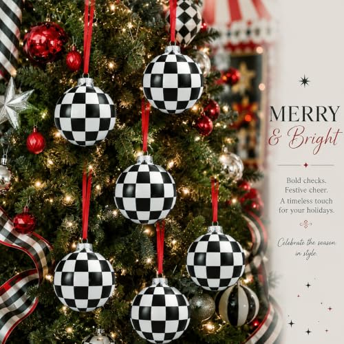 Chuangdi 6 Pcs Christmas Ball Ornaments Black and White Checkered