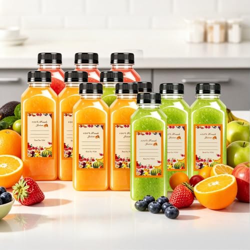 12 oz Reusable Plastic Juice Bottles Pack of 128 with Caps & Labels - Clear