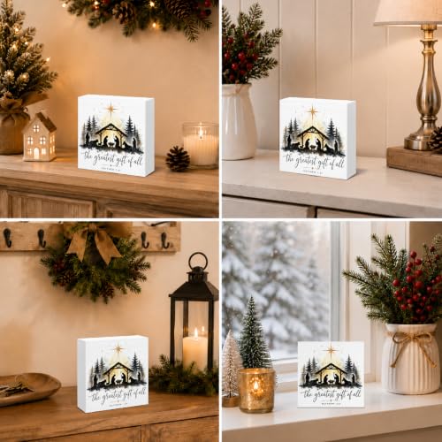 Christian Nativity Wooden Box Sign - Jesus Holiday Decor, 5x5 in