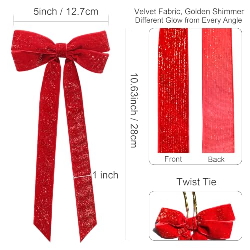 12Pcs Red Velvet Christmas Bows with Gold Thread, 5x10 in Holiday Decorations