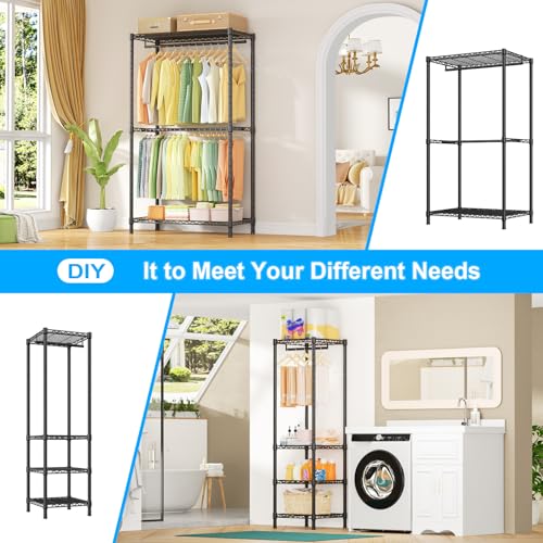 Heavy Duty Clothes Rack with Stretchable Hanger Rod - Black, Adjustable Freestanding Garment Storage System