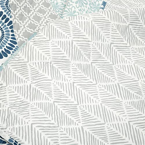 Reversible Cotton Quilt Set - Bohemian Stripe Bedding, Full/Queen, Navy & Blue - 3 Piece