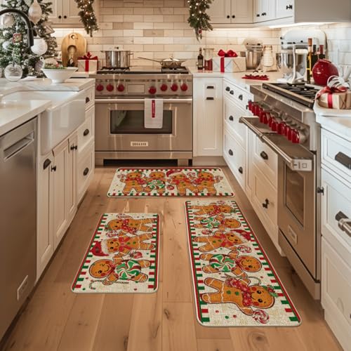 Artoid Mode Gingerbread Candy Cane Kitchen Mats Set of 3, 17x29/17x36/17x47 Beige
