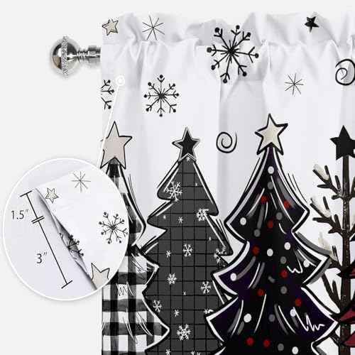 Christmas Valances for Windows Red Black Xmas Tree Snow Rod Pocket Cafe Window Treatments Valance Curtains for Kitchen Bathroom Bedromm Laundry Basement Windows 42" x 12"