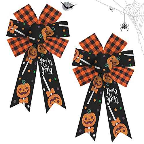 2-Piece Halloween Decorations: Orange & Black Buffalo Plaid Bows for Pumpkin Wreaths & Front Door