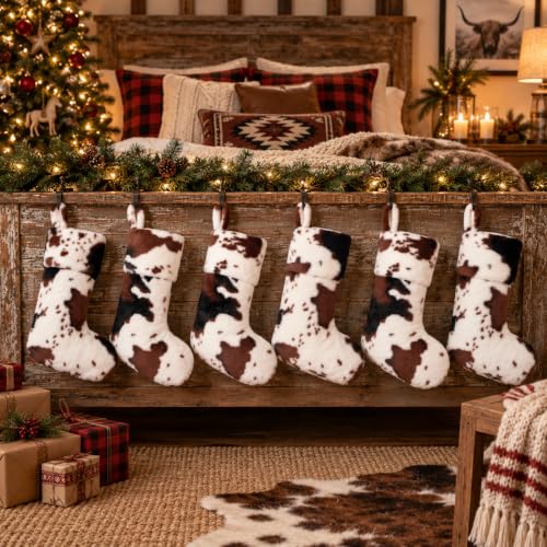 Amorita Cow Print Christmas Stocking Set 5 - White Cow Hide Pattern, 20in Farmhouse Decor
