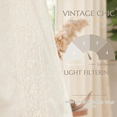 Linen Floral Embroidered Window Curtains - 54x84 Inches, 2 Panels