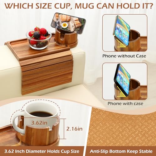 Acacia Wood Couch Cup Holder Tray for Sofa Armrest - Fits 6.3+ Inch Wide Arms