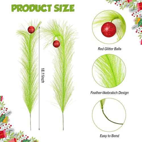 18.11inch Christmas Tree Topper Decorations - 10PCS Christmas Tree Picks, Green Curly Branches with Red Balls for Xmas Tree Topper Ornaments Home Indoor Wreath Craft Decorations
