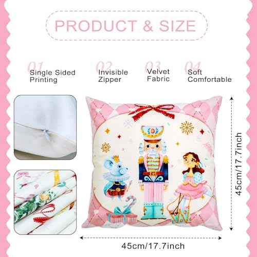 Mocsicka Merry Christmas Nutcracker Pillow Covers 18¡¿18 Inch, Pink Nutcracker Throw Pillow Covers Winter Christmas Holiday Cushion Case for Sofa Couch Bed Home Decorations Set of 4