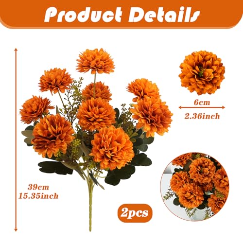 2 Pack Artificial Fall Mums Flowers for Outdoor Decor - Realistic Autumn Bouquets