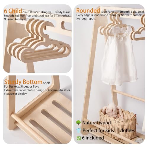 Kids Wooden Clothing Rack with 6 Hangers - Montessori Toddler Wardrobe