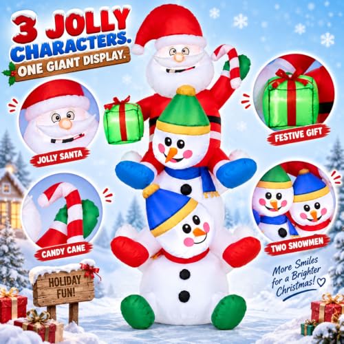 6.8 ft Santa on 2 Snowmen Inflatable Decoration with LED Lights