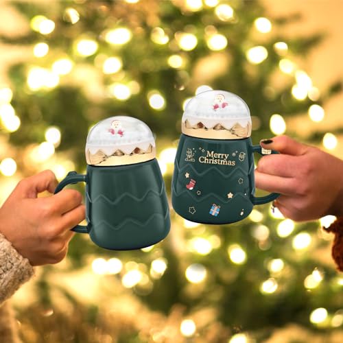 Peclek Green 17.6 oz Christmas Mug with Snow Globe Lid - Festive Ceramic Coffee Cup