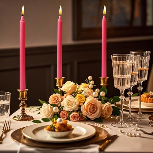 Kemladio 10in Rose Red Vertical Stripe Taper Candles, 4-Pack for Dinner Parties & Weddings