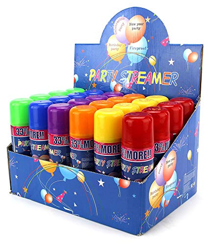 Party Streamer Spray String in a Can - 24 Assorted Colors, Kid-Friendly Fun