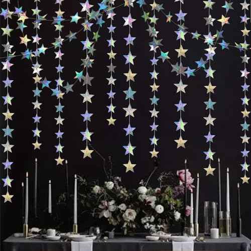 6 Pack Iridescent Star Paper Garland Holographic Twinkle Star Hanging Bunting Banner Backdrop for Christmas Birthday Party Decor Baby Shower Graduation Wedding Supplies