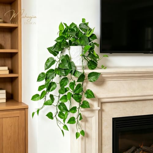 Muhanjia White Ceramic Pothos Artificial Plant with Drooping Vines, Indoor Fake Houseplant for Home & Office Decor