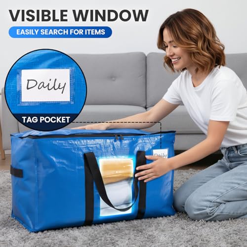 Blue Extra Large Moving Storage Bags - 6 Pack with Visible Window, Heavy Duty & Waterproof