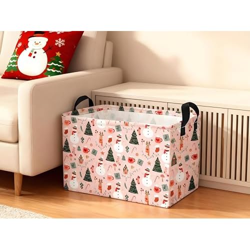 Essme Rectangular Christmas Baskets,Pink Storage Box,Cute Basket for Kids with Handles for Room Decor, Book Bins,Gifts Basket.(Pink Christmas)