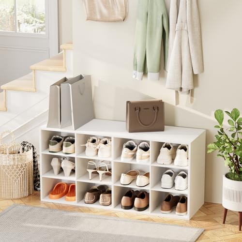 Aenuert 12-Cubby Shoe Rack, 3-Tier Wood Organizer, Multifunctional