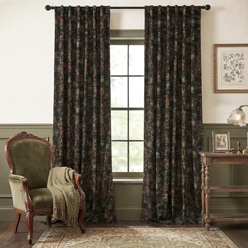 Black Velvet Curtains 84 Inch Long Vintage Floral Drapes - Pack of 2 - Variation of Floral Black/52"W x 84"L