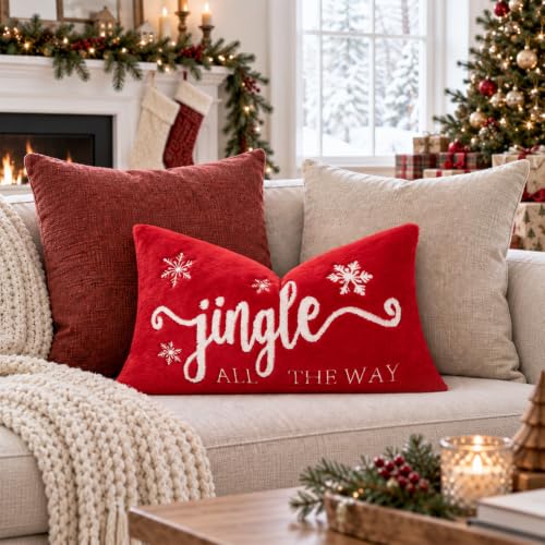 ZWJD 12x20 Inch Christmas Lumbar Pillow Cover with 3D Embroidery Faux Fur, Red