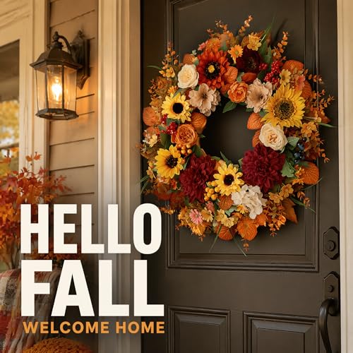 24 Inch Autumn Sunflower Fall Wreath for Front Door & Porch Decor