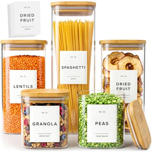 Glass Pantry Storage Jars Containers with Bamboo Lids and Labels -