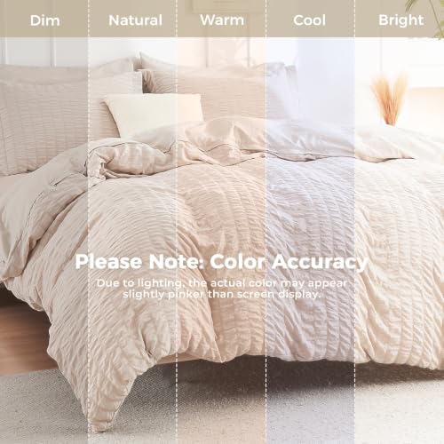 Queen Comforter Set - 7-Piece Seersucker Bedding in Beige, 88x88 Inches - Bed in a Bag with Deep Pocket Fitted Sheet