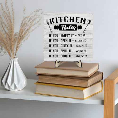 Kitchen Wooden Decor Sign, Rustic Kitchen Wooden Plaque, Inspirational Quote Wood Sign Decor for Rustic Farmhouse Home Living Room Dining Room Shelf Table Decoration, 5.9 x 5.9 inches
