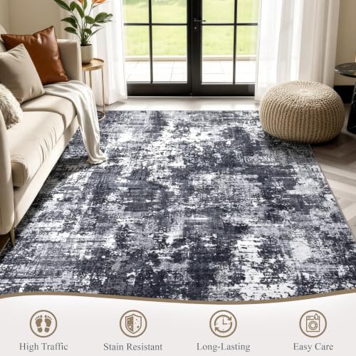 Black & White 6x9 Washable Modern Abstract Area Rug - Faux Cashmere, Non-Slip