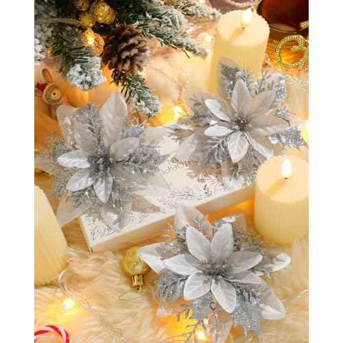 Poinsettias Artificial Christmas Flowers Decorations - 12 Pcs Artificial Silver Poinsettia Flowers for Christmas Tree,Fake Glitter Poinsettia 5.5" with Clips Stems for Home Outdoor Decor(Silver)