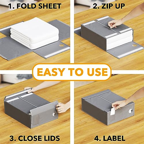 SpaceAid 4 Pack Bed Sheet Organizers - Gray Foldable Linen Closet Storage for Queen & King Size Sheets