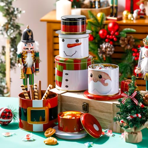 Tandefio 2 Sets Christmas Cookie Tins with Lids - 3 Layer Metal Holiday Gift Boxes