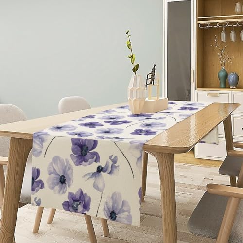 AAVEUP 13x36 Purple Flower Table Runner - Watercolor Nature Leaves, W13X L36