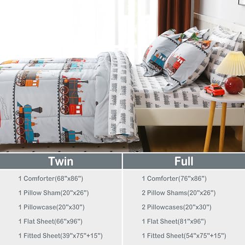 Viviland Kids Twin Bedding Sets with Light Grey Train Pattern, 5 Pieces - Comforter, Sheets & Pillowcase, Twin Size
