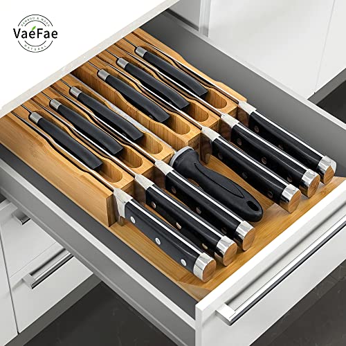 12 Slot Bamboo Knife Drawer Organizer - Universal Kitchen Knife Block with Sharpener Slot