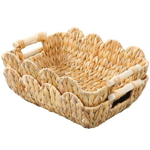 Water Hyacinth Wicker Basket - Medium, Scalloped Edges, Rustic Home Storage