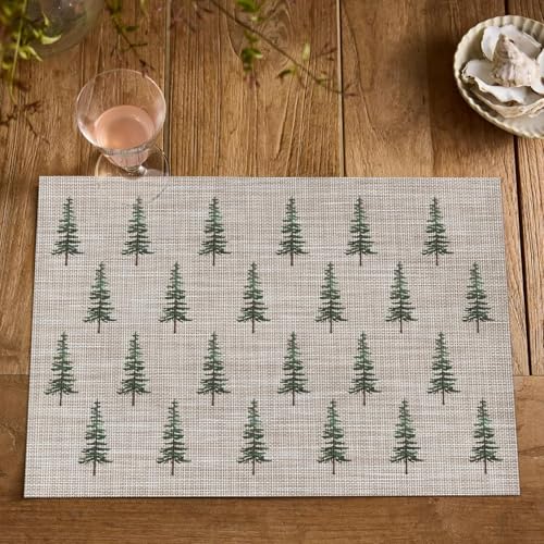 Green Xmas Tree Vinyl Placemats Set of 6 12x18 Inch Waterproof Non-Slip Holiday Table Mats