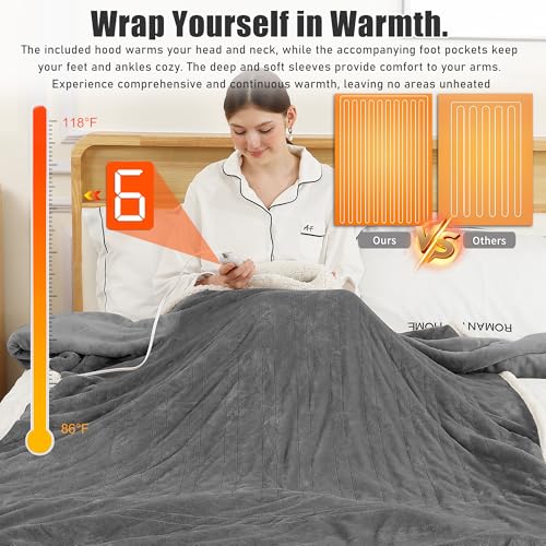Wearable Heated Blanket with Foot Pocket & Hood - 50x70 Dark Gray, 6 Heat Settings, Auto Shut-Off, Machine Washable
