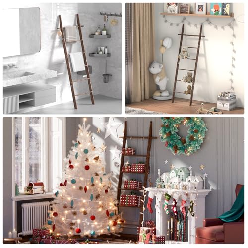 Dark Brown Farmhouse Wooden Blanket Ladder 6-Tier with Removable Hooks