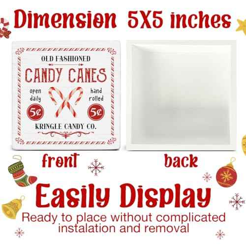 Farmhouse Christmas Decorations, Candy Canes Decor Sign, Christmas Wood Sign Winter Holiday Home Table Desk Decor (5 x 5 Inches)