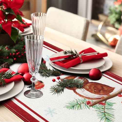 Bonhause Christmas Owl Table Runner 13x72 Inch Bird on Pine Branches Snowflakes Seasonal Winter Holiday Kitchen Dining Table Decoration for Indoor Outdoor Home Party Decor