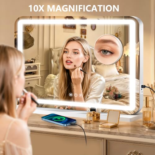 Ratsamee White 23x18 Inch LED Lighted Makeup Vanity Mirror with Dimmable Lights & USB Charging