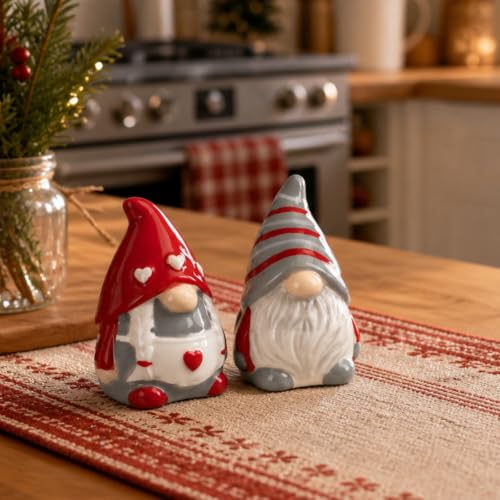 Vesici Christmas Red & White Ceramic Gnome Salt & Pepper Shaker Set - Heart, 3.3 Inch