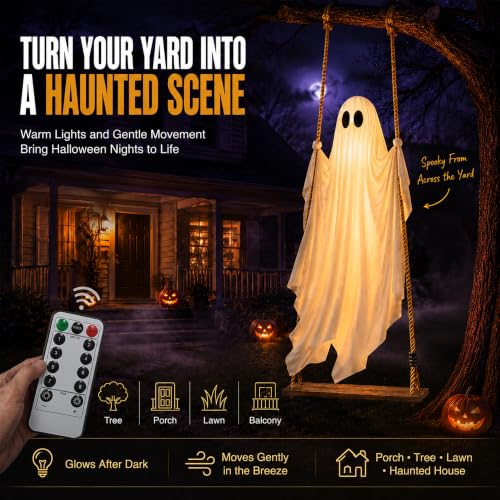 EMPJJLZ 6.5FT Hanging Swing Ghost Halloween Outdoor Decor with Remote Light Up & Motion