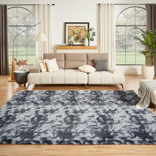 Floralux 9x12 Dark Grey Tie-Dyed Shag Rug for Living Room & Bedroom