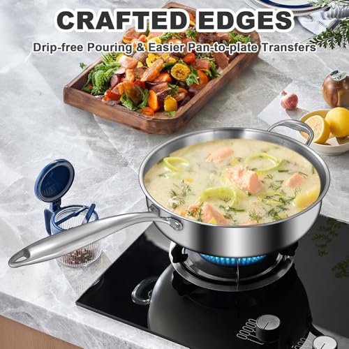 EWFEN 12-Inch Tri-Ply Stainless Steel Saute Pan with Handle and Lid, Compatible with All Cooktops
